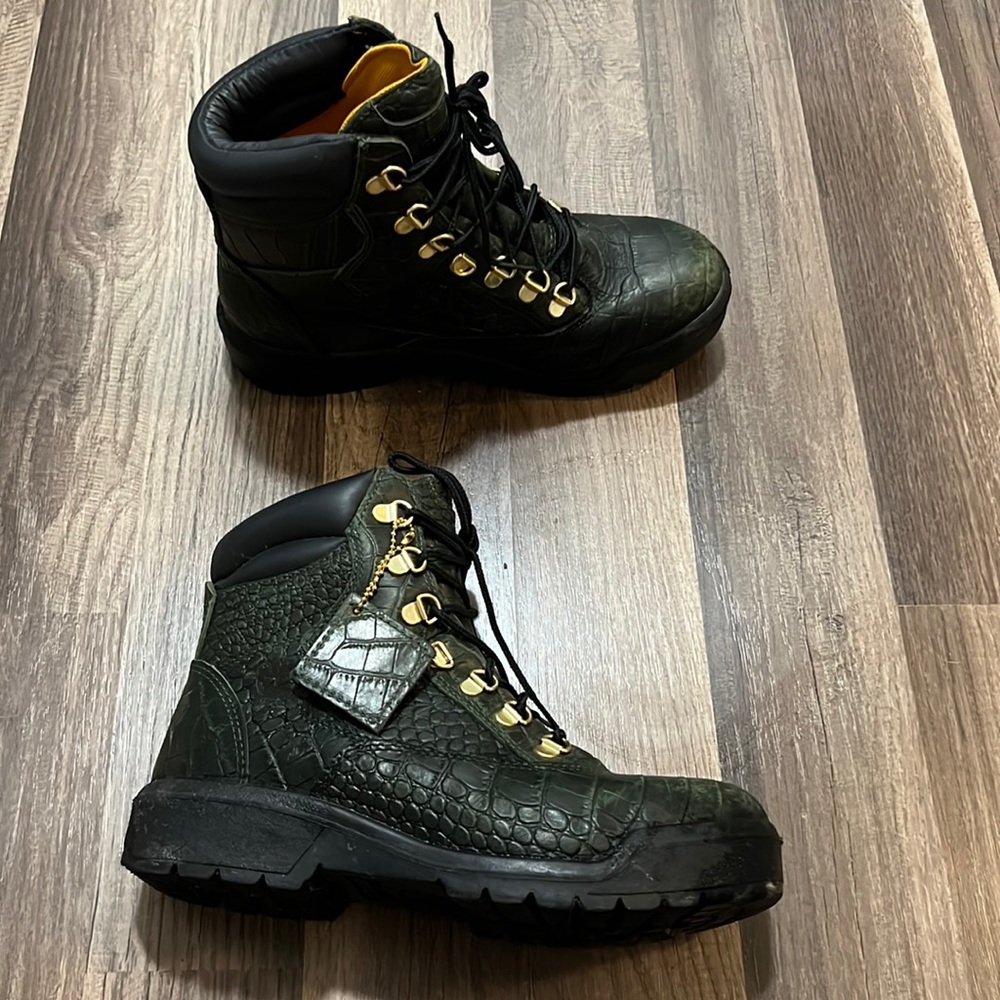 Timberland Dark Green Croc-Embossed Hiking Boots with Gold Hardware